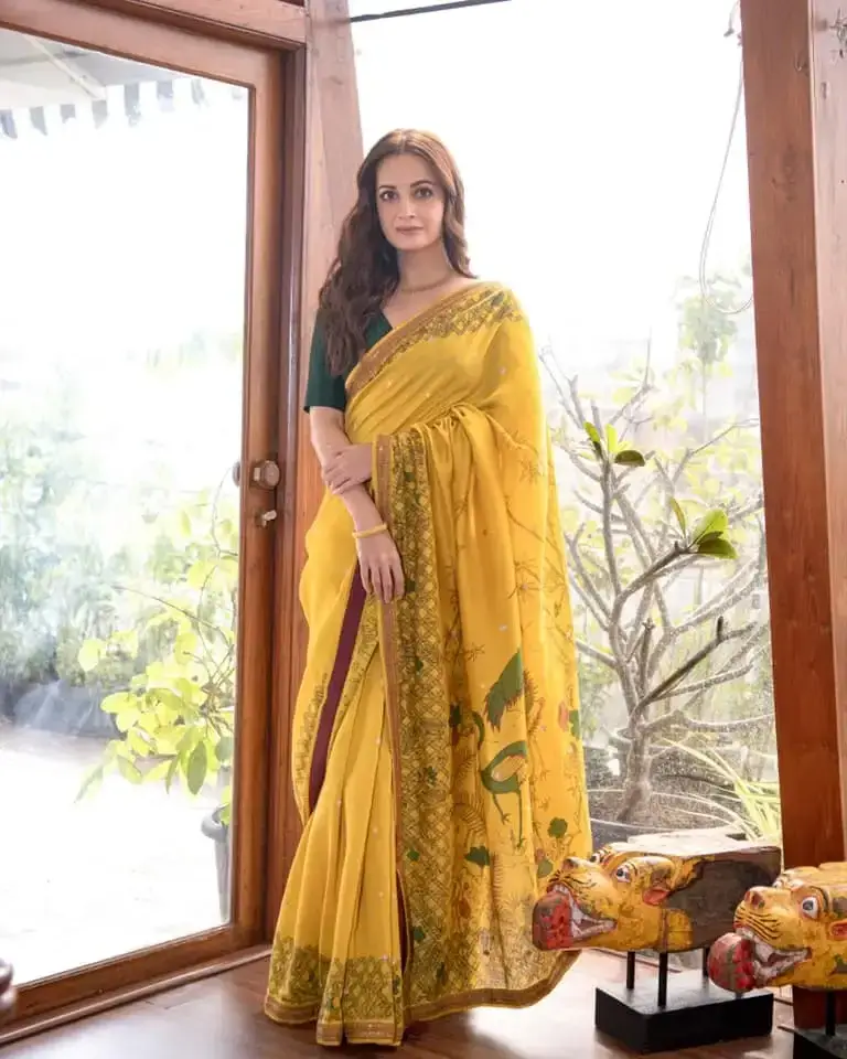 Indian Actress Dia Mirza Images In Traditional Yellow Color Saree